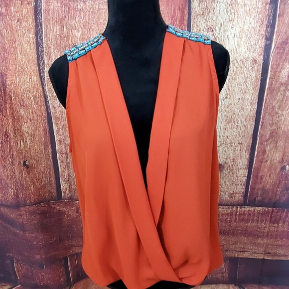 Zouk: Orange and Turquoise Sleeveless Blouse - Picture 1 of 5